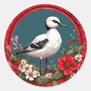 Kleurrijke vogel met bloemframe ronde sticker