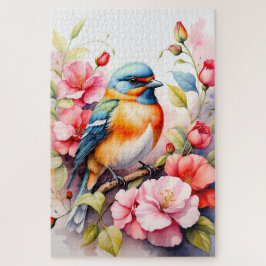 Kleurrijke vogel met roze bloemen botanisch legpuzzel