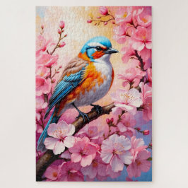 Kleurrijke vogel met roze kersenbloesems legpuzzel