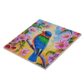 Kleurrijke Vogel met Roze Wilde Rozen Natuur Tegeltje (Zijkant)