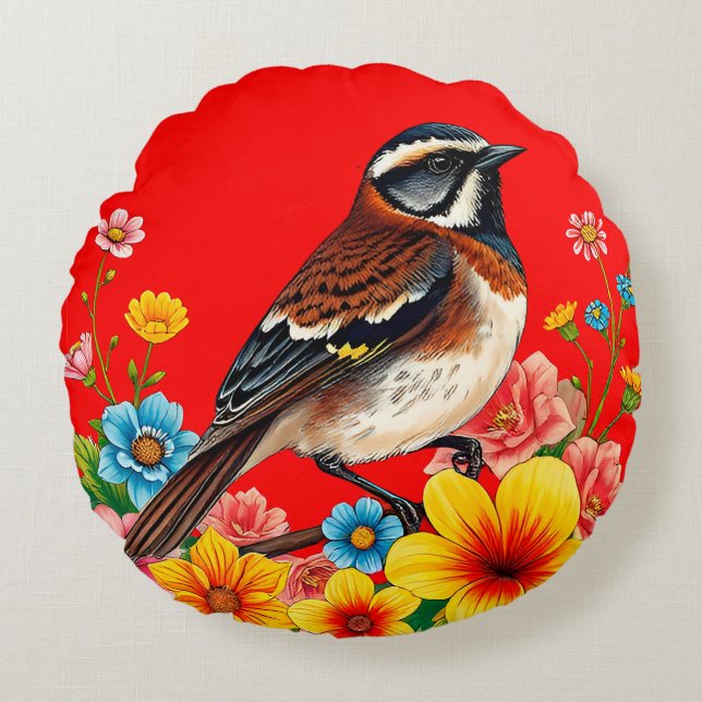 Kleurrijke vogel neergestreken tussen bloemen rond kussen (Voorkant)