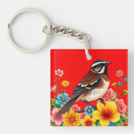 Kleurrijke vogel neergestreken tussen bloemen sleutelhanger