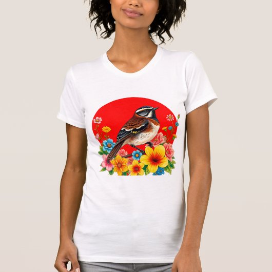 Kleurrijke vogel neergestreken tussen bloemen t-shirt (Voorkant)