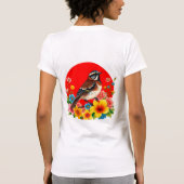 Kleurrijke vogel neergestreken tussen bloemen t-shirt (Achterkant)