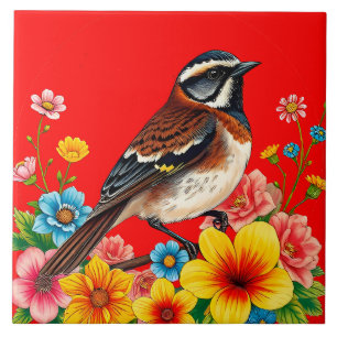 Kleurrijke vogel neergestreken tussen bloemen tegeltje