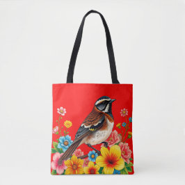 Kleurrijke vogel neergestreken tussen bloemen tote bag