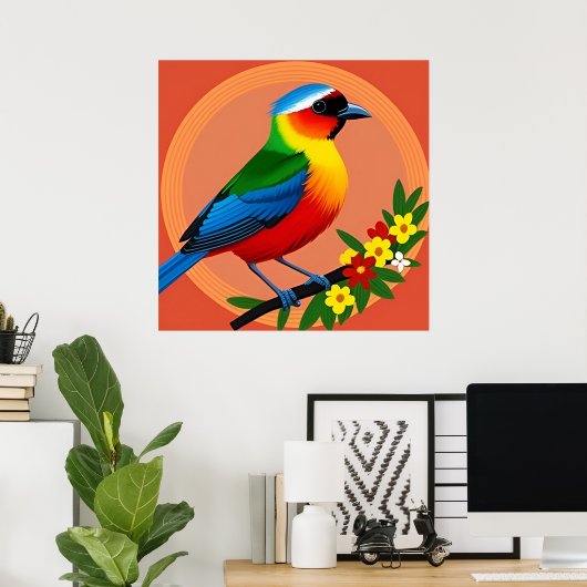Kleurrijke vogel neergestreken tussen levendige bl poster (Thuiskantoor)