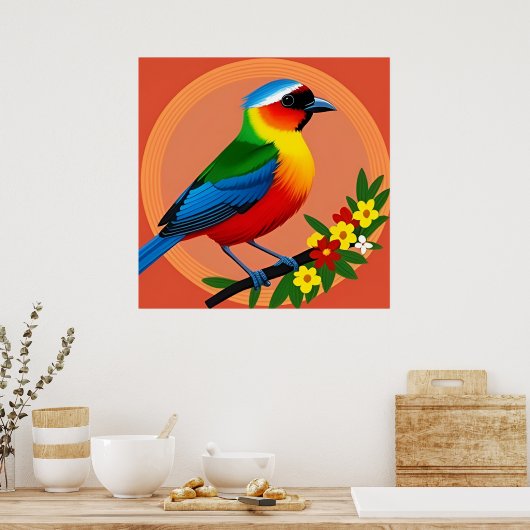 Kleurrijke vogel neergestreken tussen levendige bl poster (Keuken)