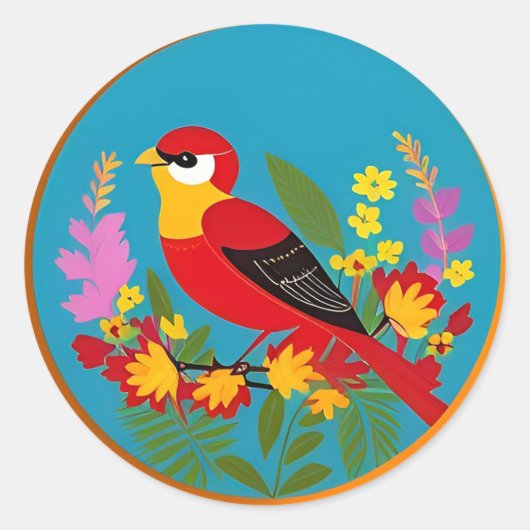 Kleurrijke vogel neergestreken tussen levendige bl ronde sticker (Voorkant)