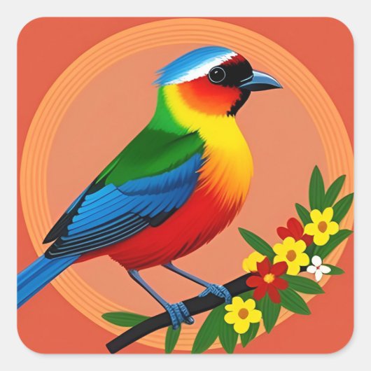 Kleurrijke vogel neergestreken tussen levendige bl vierkante sticker (Voorkant)