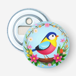 Kleurrijke vogel omringd door bloemenkrans button flesopener