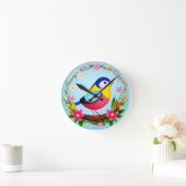 Kleurrijke vogel omringd door bloemenkrans ronde klok (Huis)