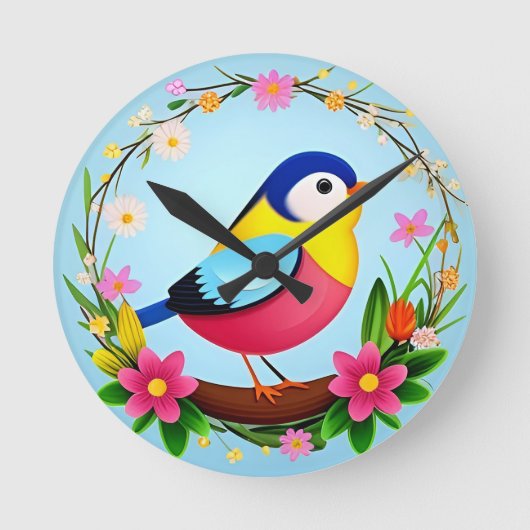 Kleurrijke vogel omringd door bloemenkrans ronde klok (Voorkant)