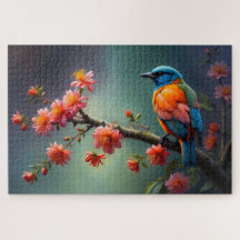 Kleurrijke vogel op bloeiende tak