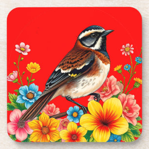 Kleurrijke vogel op een plek tussen bloemen bier onderzetter