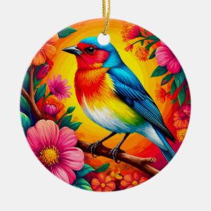 Kleurrijke vogel op een stok tussen levendige bloe keramisch ornament