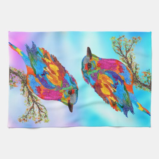 Kleurrijke Vogel op een Tak 1/2 Vouw Keuken Handdo Theedoek (Horizontaal)