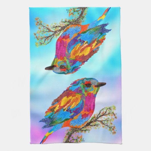 Kleurrijke Vogel op een Tak 1/2 Vouw Keuken Handdo Theedoek (Verticaal)