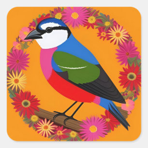 Kleurrijke vogel op een tak tussen bloemen vierkante sticker