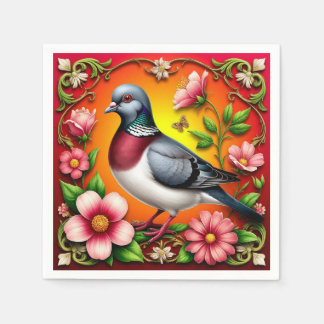 Kleurrijke vogel op een tak tussen levendige bloem servet