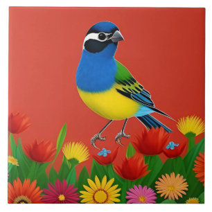 Kleurrijke vogel op een tak tussen levendige bloem tegeltje