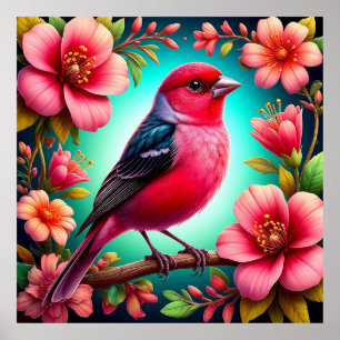 Kleurrijke vogel op tak gezet Natuur kunst Poster