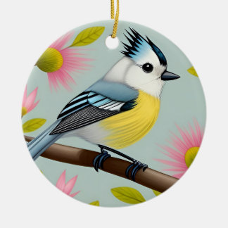 Kleurrijke vogel op tak omlijst met bloemen keramisch ornament