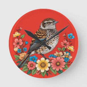 Kleurrijke vogel op tak omlijst met bloemen ronde klok