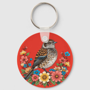 Kleurrijke vogel op tak omlijst met bloemen sleutelhanger