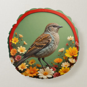 Kleurrijke vogel te midden van bloeiende bloemen c rond kussen