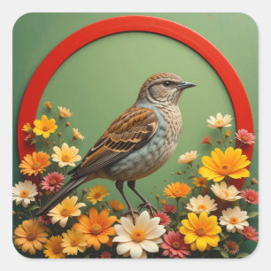 Kleurrijke vogel te midden van bloeiende bloemen i vierkante sticker