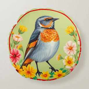 Kleurrijke vogel te midden van bloeiende bloemen n rond kussen