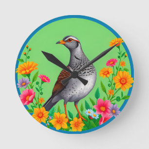 Kleurrijke vogel te midden van bloeiende bloemen ronde klok