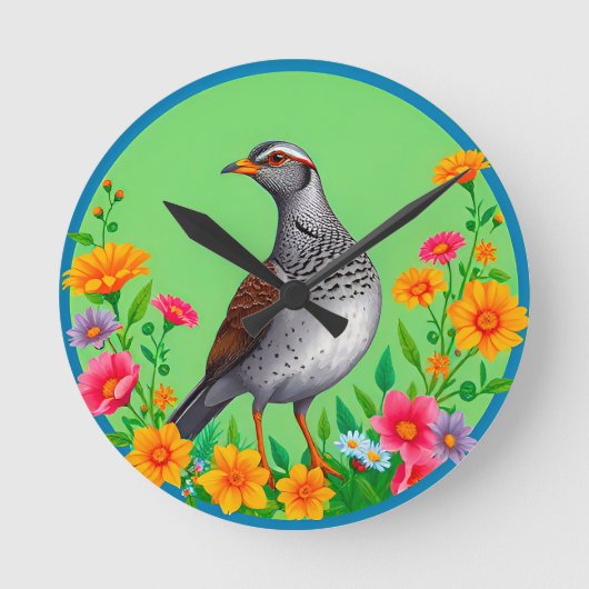 Kleurrijke vogel te midden van bloeiende bloemen ronde klok (Voorkant)