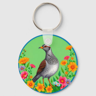 Kleurrijke vogel te midden van bloeiende bloemen sleutelhanger