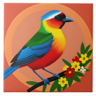 Kleurrijke vogel tussen levendige bloemen tegeltje