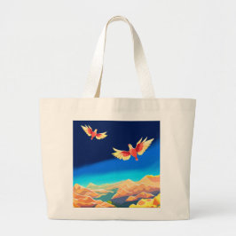 Kleurrijke vogel vliegend boven de bergen grote tote bag