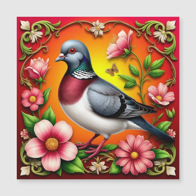 Kleurrijke vogel zit tussen levendige bloemen (Voorkant)