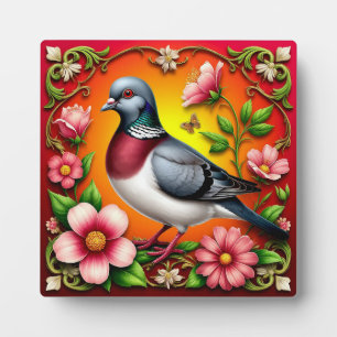 Kleurrijke vogel zit tussen levendige bloemen fotoplaat