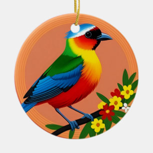 Kleurrijke vogel zit tussen levendige bloemen keramisch ornament