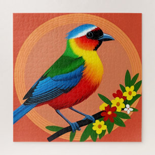 Kleurrijke vogel zit tussen levendige bloemen legpuzzel
