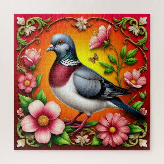 Kleurrijke vogel zit tussen levendige bloemen legpuzzel