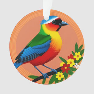 Kleurrijke vogel zit tussen levendige bloemen ornament