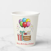 Kleurrijke vogelballonnen met taart en Cadeaus Papieren Bekers (Voorkant)