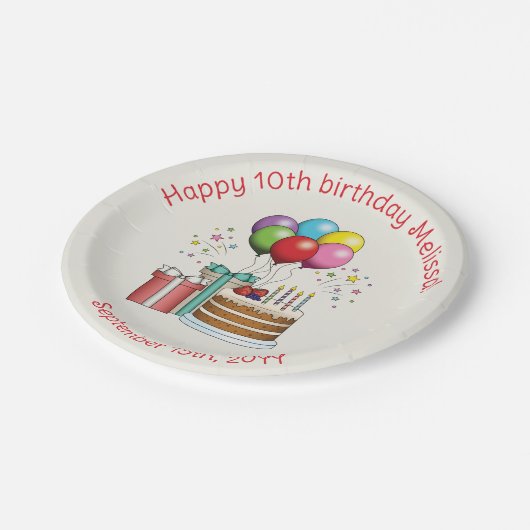 Kleurrijke vogelballonnen met taart en Cadeaus Papieren Bordje (Gekanteld)