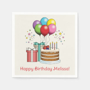 Kleurrijke vogelballonnen met taart en Cadeaus Servet