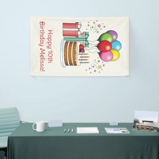 Kleurrijke vogelballonnen met taart en Cadeaus Spandoek (Beurs)