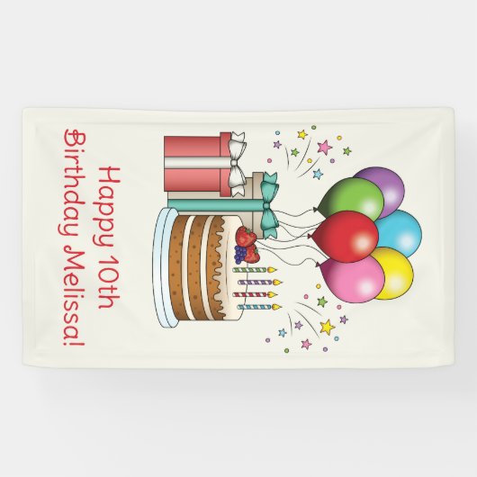 Kleurrijke vogelballonnen met taart en Cadeaus Spandoek (Horizontaal)