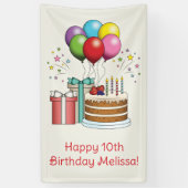 Kleurrijke vogelballonnen met taart en Cadeaus Spandoek (Verticaal)