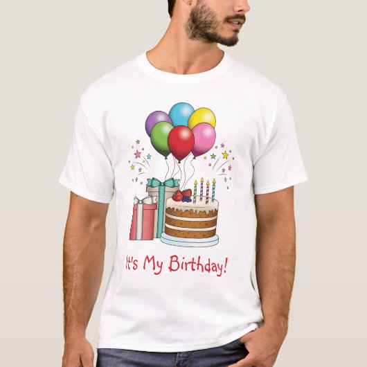 Kleurrijke vogelballonnen met taart en Cadeaus T-shirt (Voorkant)